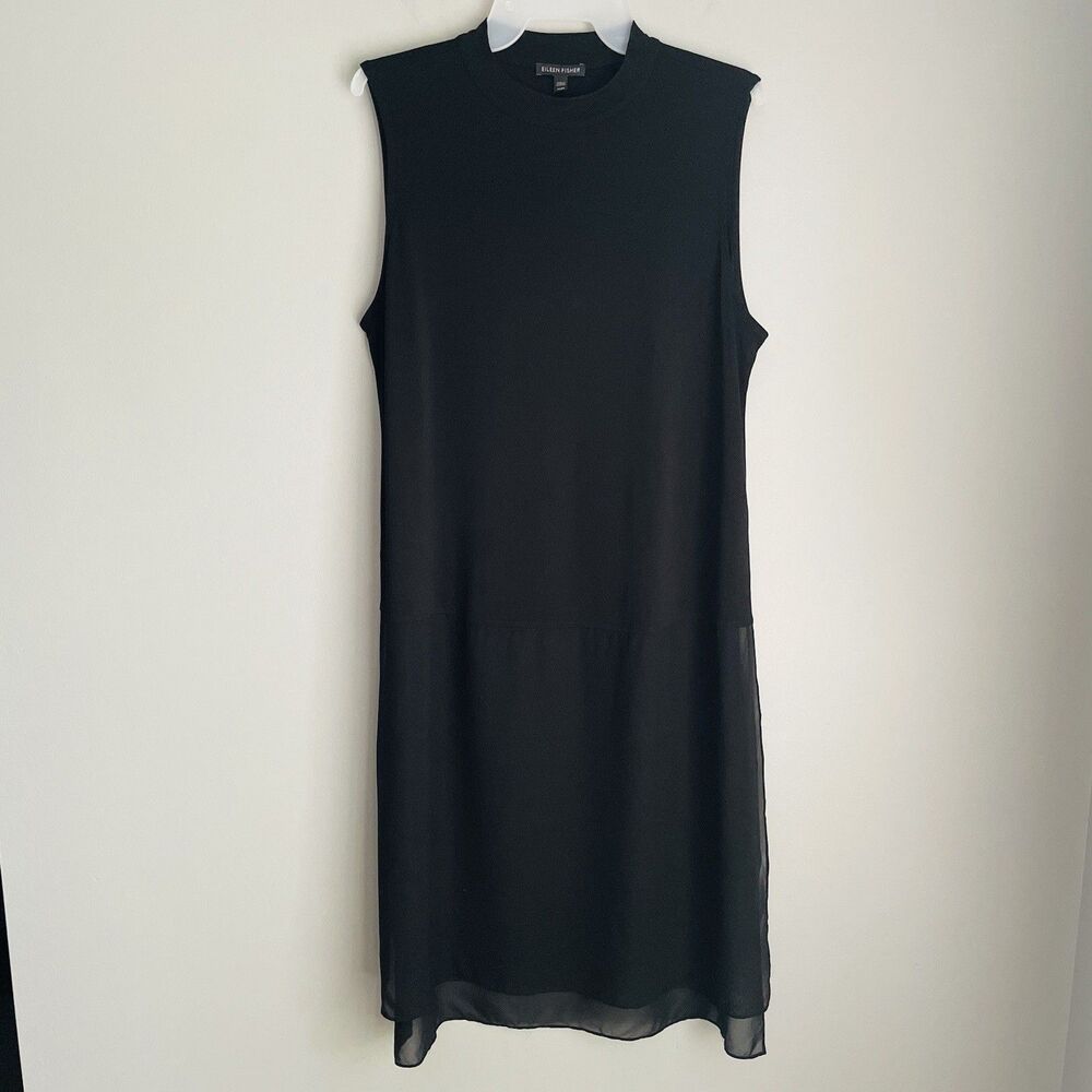 Eileen Fisher 100% Silk Sheer Bottom Tank Dress Size M Black Side Slits Flowy